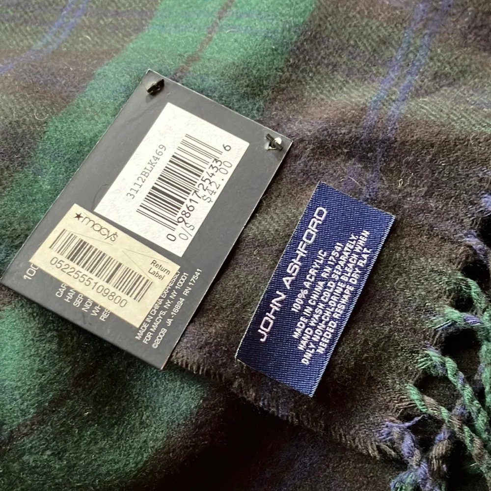 John Ashford Plaid Green Blue Black Fringe Mens Scarf NWT